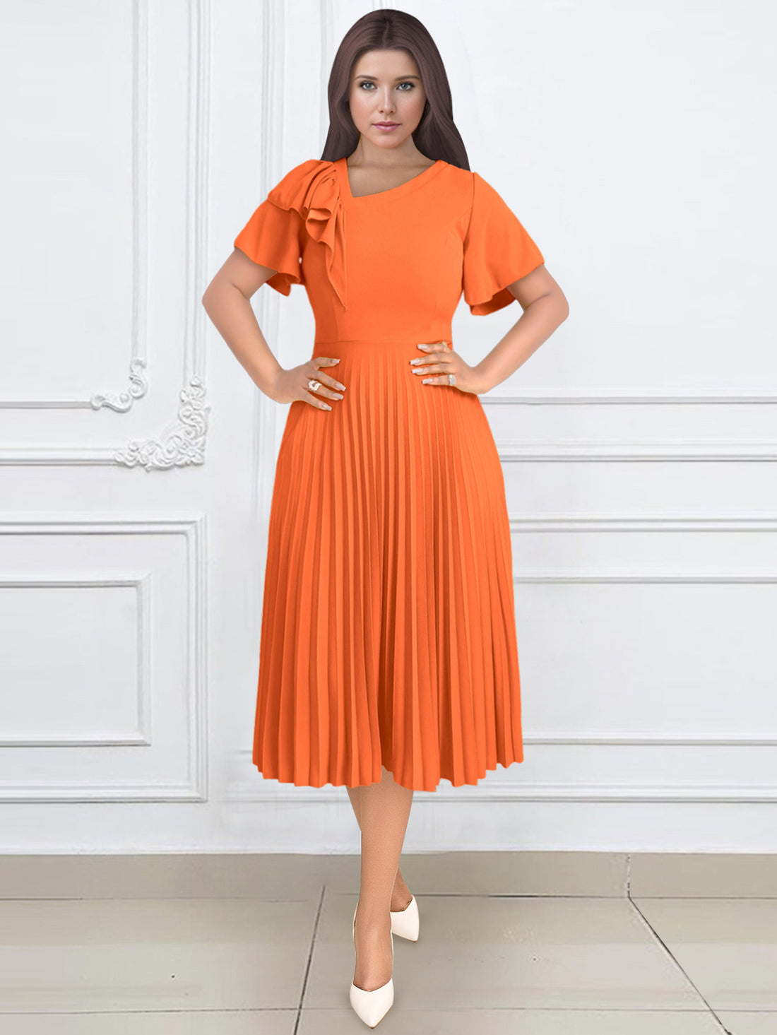 Damen elegantes Plisseekleid mit asymmetrischem Rüschen-Detail – Élara