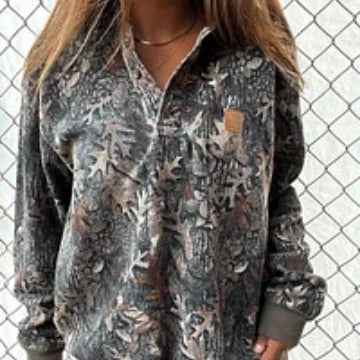 Damen gemusterter Fleece-Pullover mit kurzem Reißverschluss, Polo-Kragen und gerippten Bündchen Echoarchiv