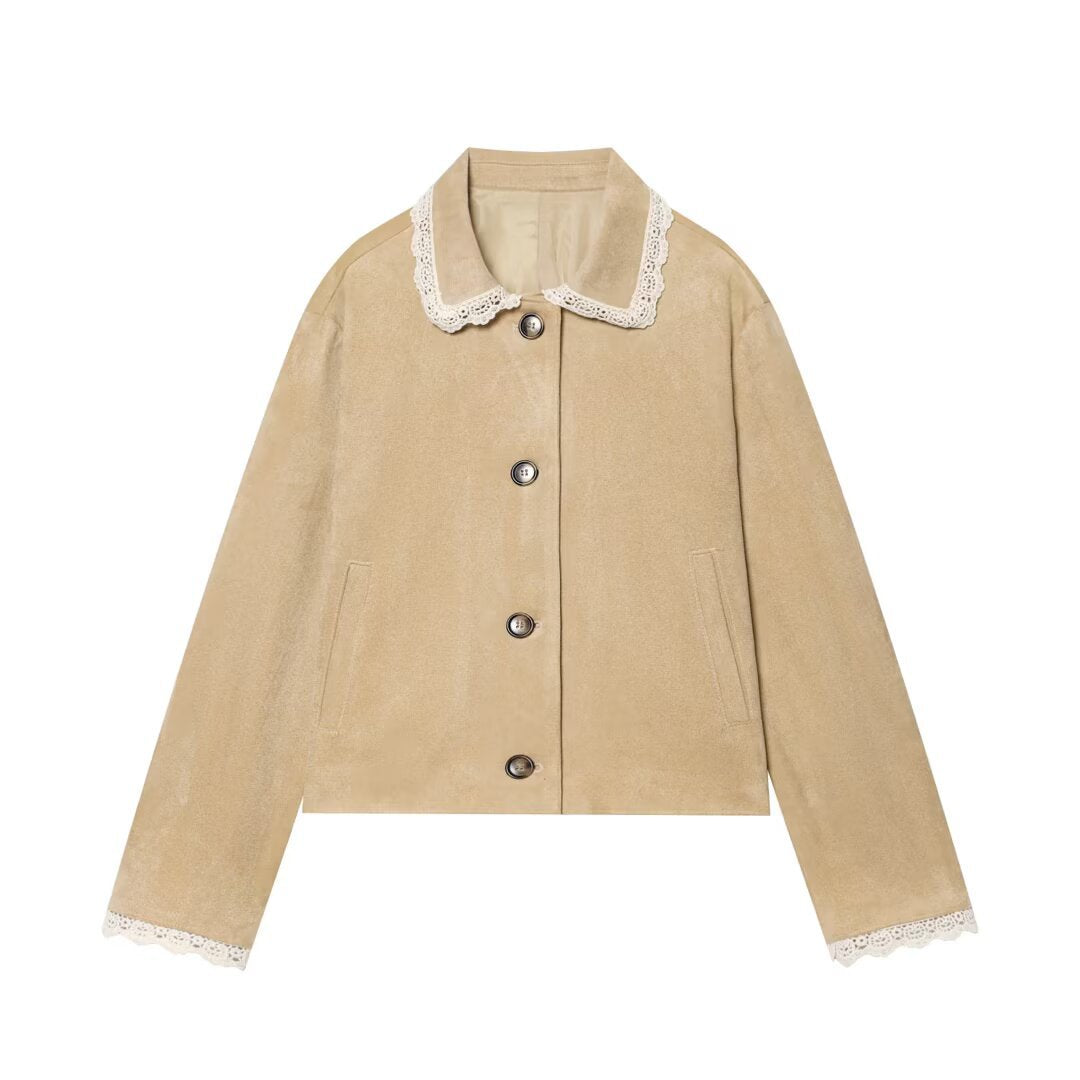 Damen Kurzjacke in Wildlederoptik mit gehäkeltem Kragen und Spitzenbesatz Echo Archiv