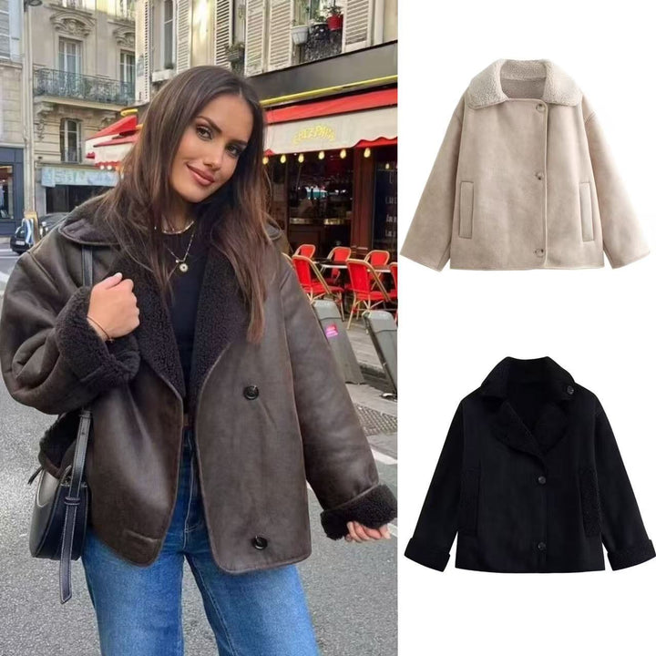 Damen nan kurze Winterjacke mit weichem Teddyfutter, Umschlagkragen und Knopfleiste Echo Archiv