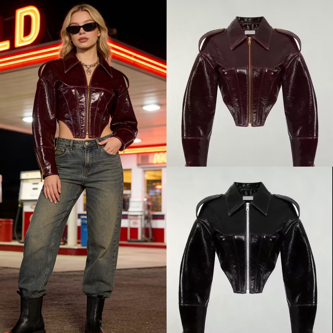 Damen kurz geschnittener Lackoptik-Blouson mit tailliertem Korsett-Schnitt Echo Archiv