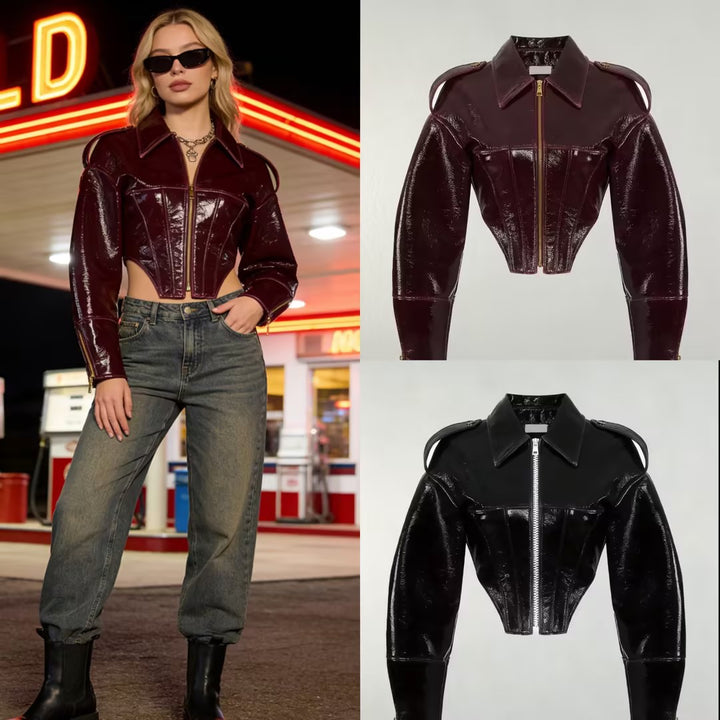 Damen kurz geschnittener Lackoptik-Blouson mit tailliertem Korsett-Schnitt Echo Archiv
