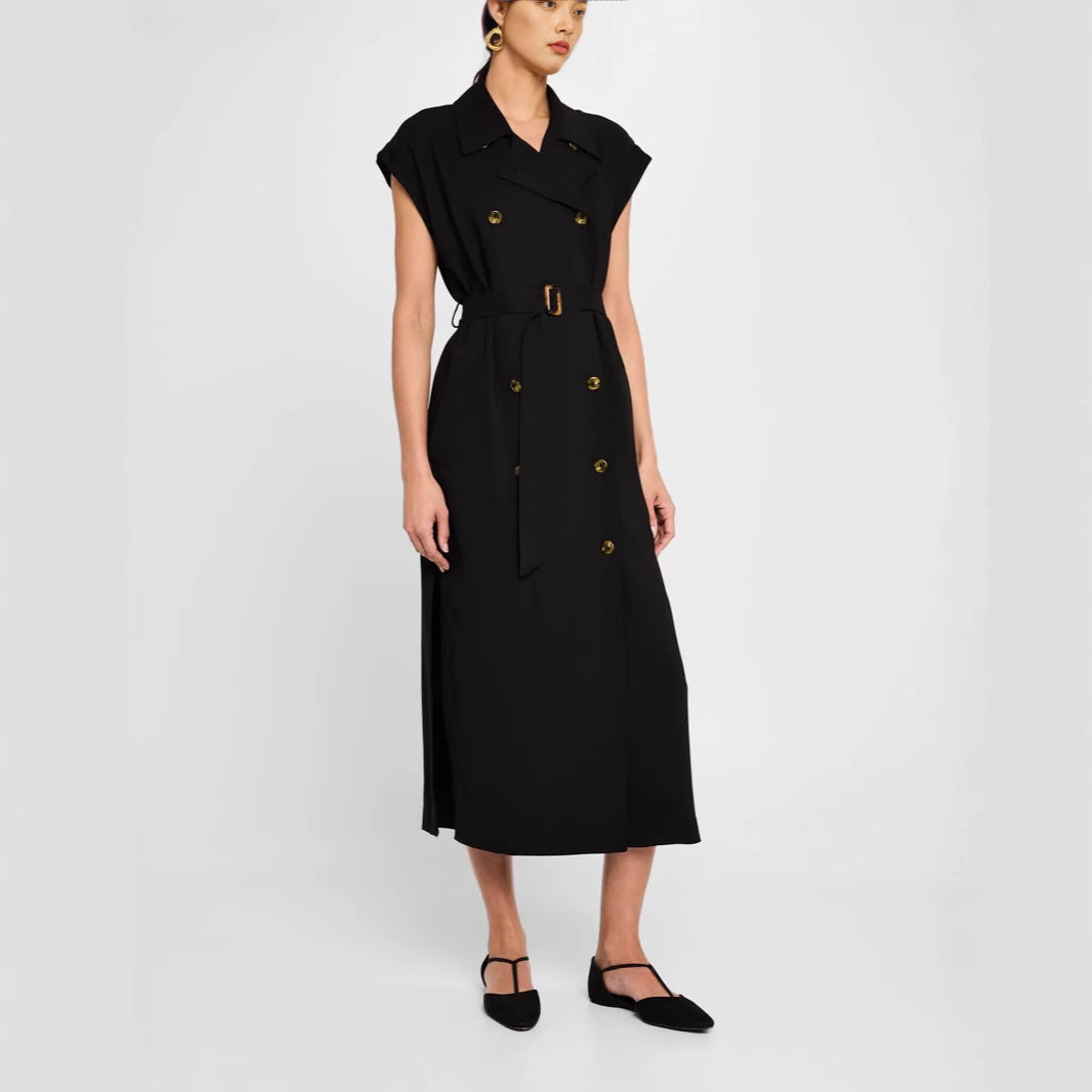 Damen Ärmelloses Doppelreiher-Midikleid mit Trench-Gürtel Echoarchiv