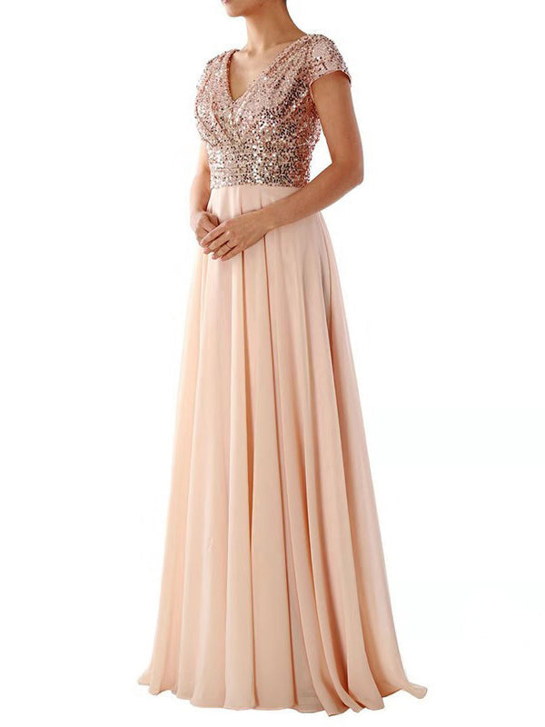 Echoarchiv | Damen Kleider V-Ausschnitt Paillette Chiffon Paneel Maxi Kleid