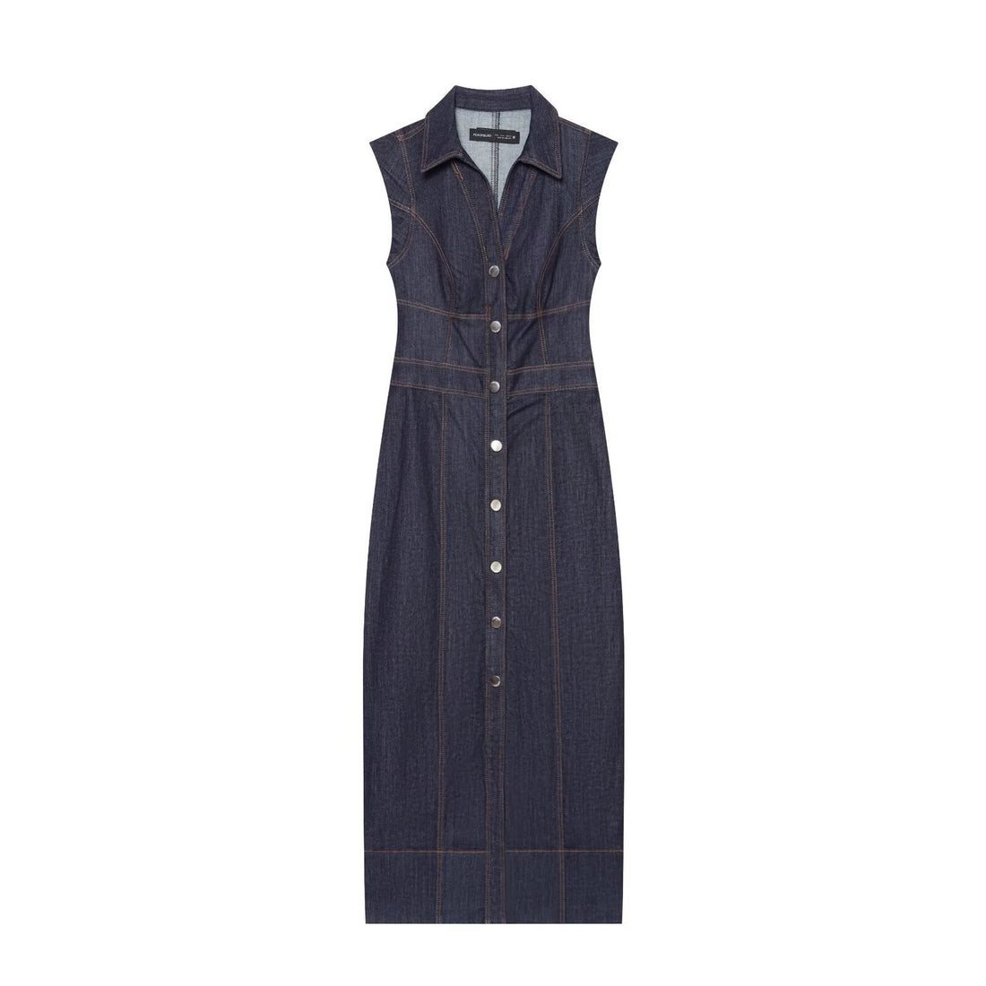 Damen Ärmelloses Jeansmaxikleid mit Hemdkragen, taillierter Silhouette und durchgehender Druckknopfleiste Echoarchiv