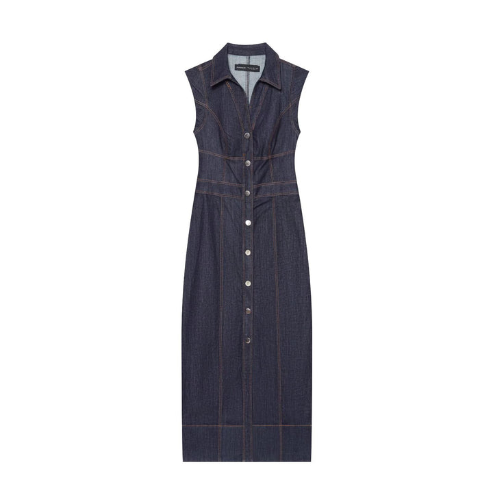 Damen Ärmelloses Jeansmaxikleid mit Hemdkragen, taillierter Silhouette und durchgehender Druckknopfleiste Echoarchiv