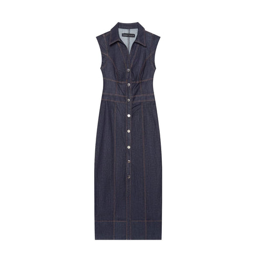 Damen Ärmelloses Jeansmaxikleid mit Hemdkragen, taillierter Silhouette und durchgehender Druckknopfleiste Echoarchiv