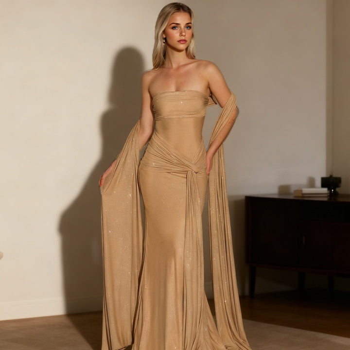 Damen Strapless Glamour Kleid mit eleganten Schals Echo Archiv