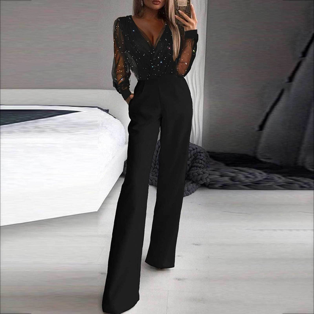Damen Eleganter Jumpsuit mit transparenten Ärmeln und funkelnden Details Echo Archiv