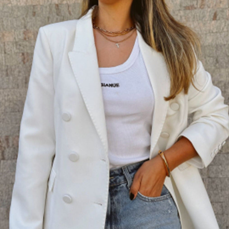 Damen Figurnaher Doppelreihiger Longblazer mit leichtem Schulterpolster und cleanem Revers Echoarchiv