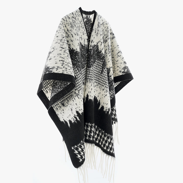 Damen Monochromer Jacquard-Capeponcho aus Wollmix mit Fransen und Oversize-Fall Echo Archiv