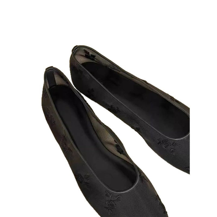 Damen Bestickte Mesh-Ballerinas mit quadratischer Zehenpartie und Rosenstickerei Echo Archiv