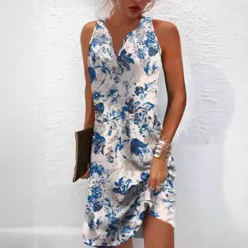 Damen, lässiges Sommerkleid mit V-Ausschnitt und asymmetrischem Saum Echoarchiv