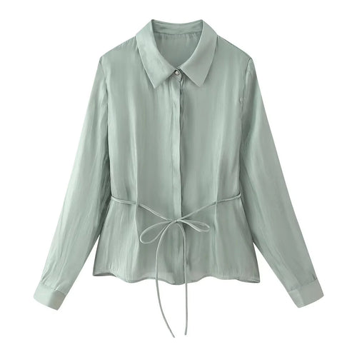 Damen nan seidenähnliche Taillierte Hemdbluse mit Bindegürtel und verdeckter Knopfleiste Echo Archiv
