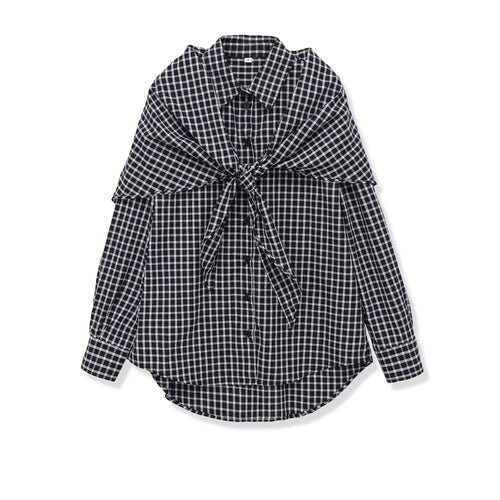 Damen Oversize Karo-Hemdbluse mit Cape-Schulter und Bindeschleife Echo Archiv