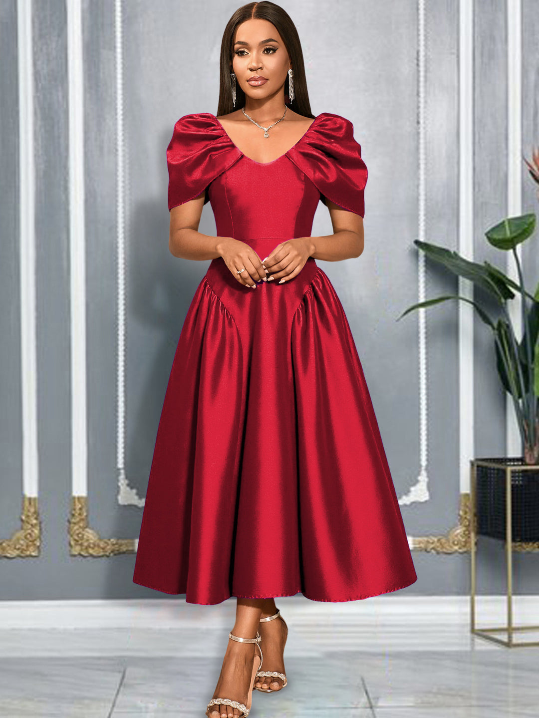 Damen elegantes Midikleid mit voluminösen Puffärmeln und schwingendem Rock Echo Archiv