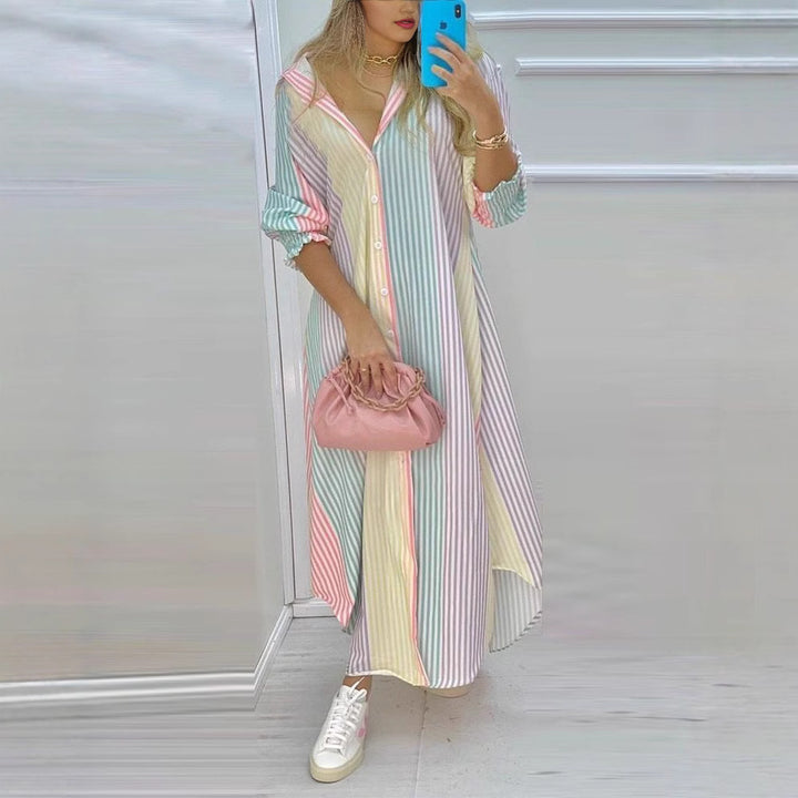 Damen nan knopfbares Maxi-Hemdkleid mit geometrischem Muster, V-Ausschnitt, Kentkragen und hohem Beinschlitz Echo Archiv