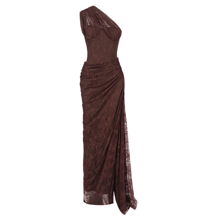 Damen elegantes Abendkleid mit asymmetrischem One-Shoulder-Design und floralem Spitzenbesatz Echo Archiv