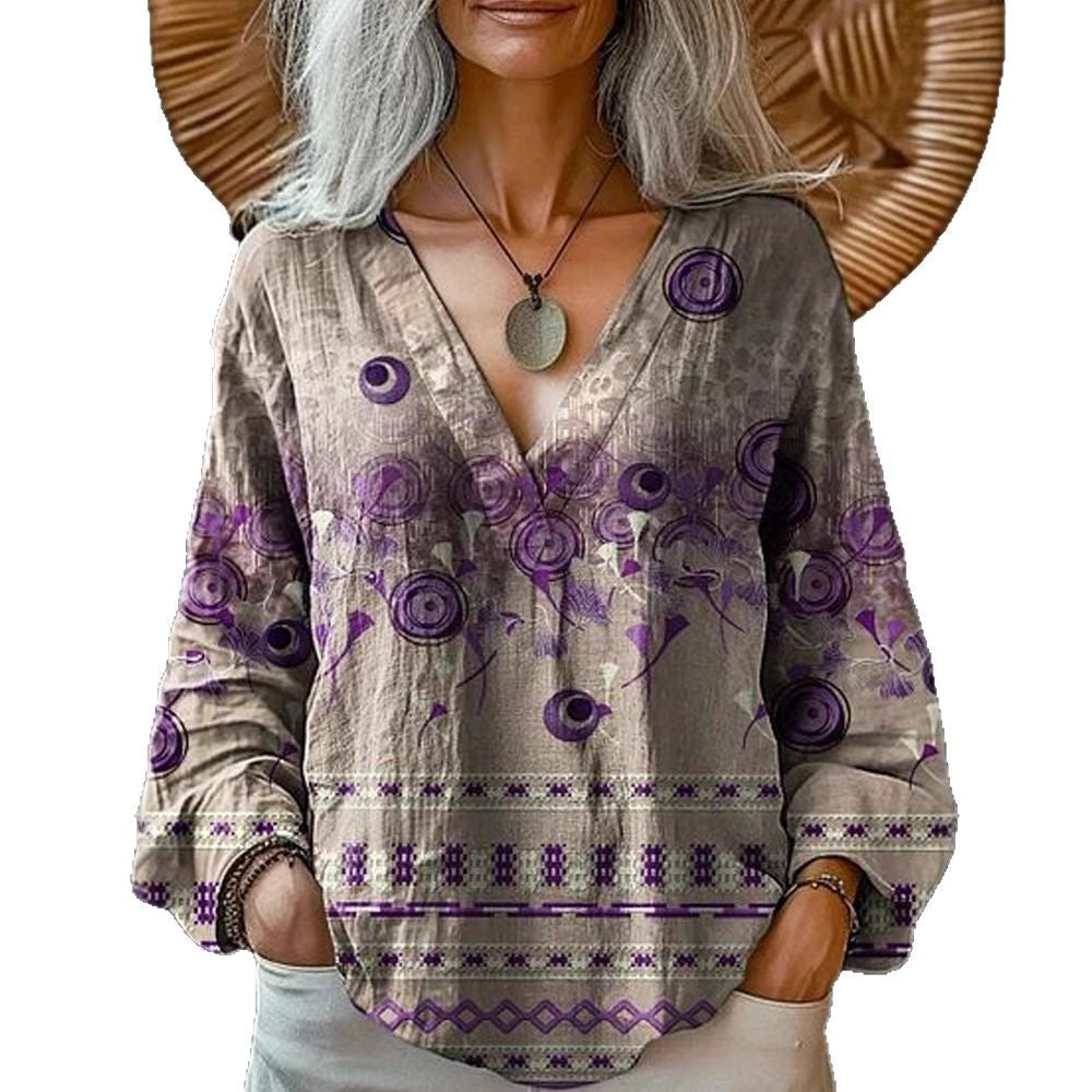 Damen Boho-Leinenmischung Tunika-Bluse mit V-Ausschnitt und floraler Aquarellstickerei – Élovi
