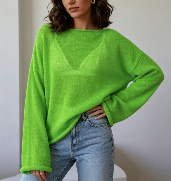 Damen luftiger Oversize-Feinstrickpullover mit weitem Arm und Rundhalsausschnitt – Mavelle