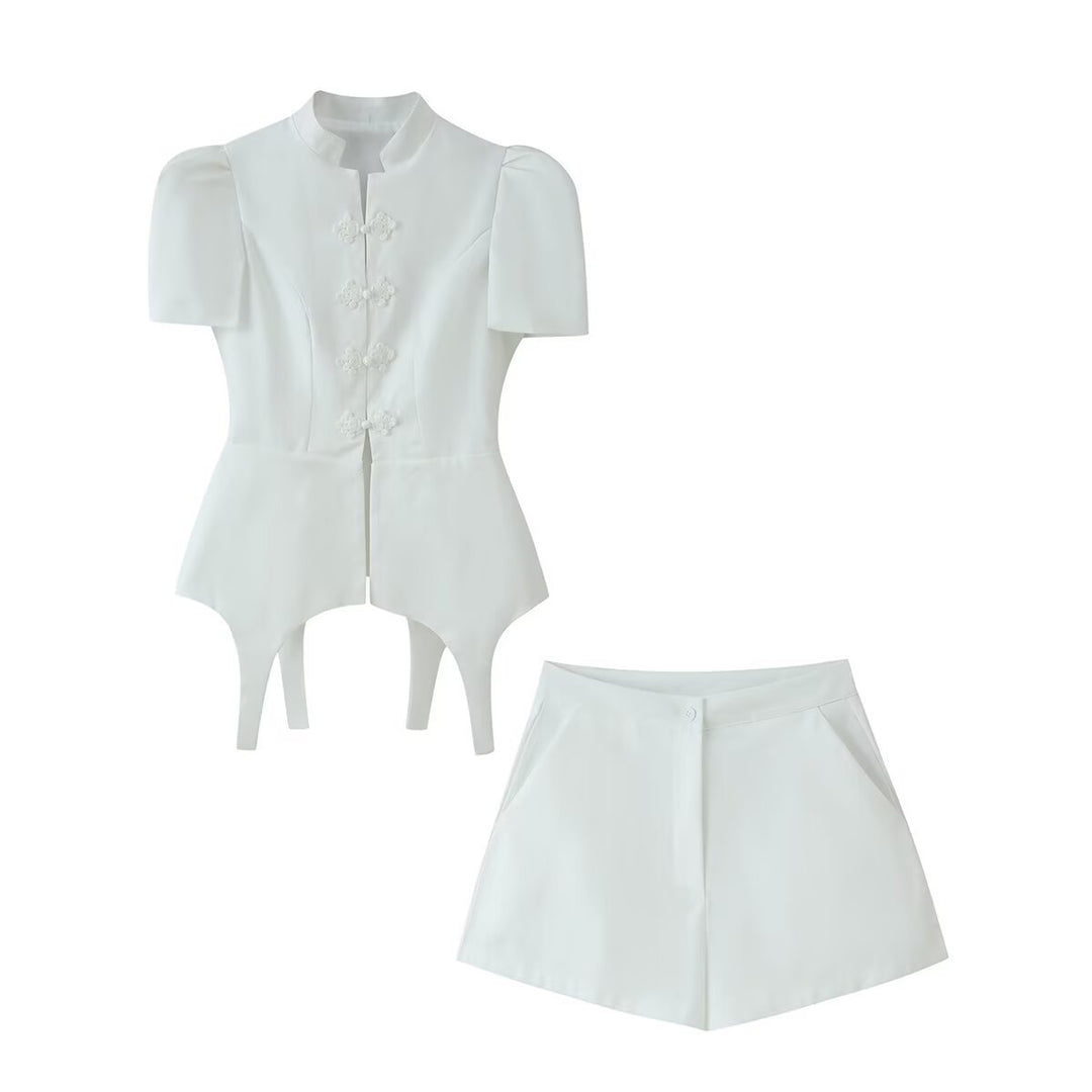 Damen Taillierter Zweiteiler mit Korsagen-Top, Mandarin-Kragen und High‑Waist Tailored Shorts Echo Archiv