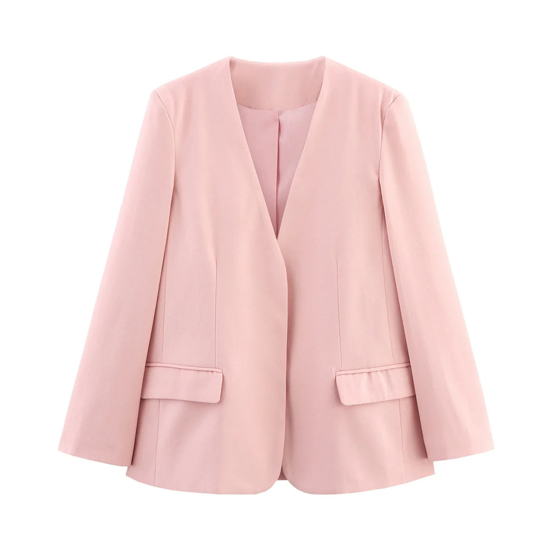 Damen knopflose Longblazerjacke mit tiefem V-Ausschnitt taillierten Abnähern und Pattentaschen – Célinea