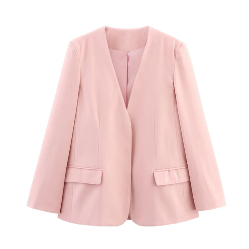 Damen knopflose Longblazerjacke mit tiefem V-Ausschnitt taillierten Abnähern und Pattentaschen – Célinea