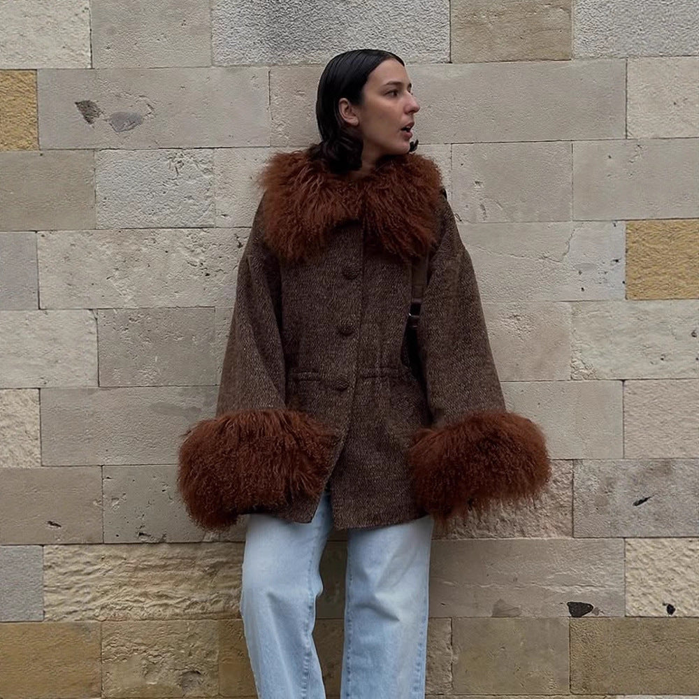 Damen Oversize Wollmix-Marka Mantel mit voluminösem Lammfellimitatkragen und extra weitem Ärmelabschluss Echoarchiv