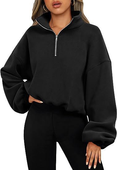 Damen nan kurz geschnittenes Halbzip-Sweatshirt mit hohem Stehkragen, Ballonärmeln und elastischem Saum Echo Archiv
