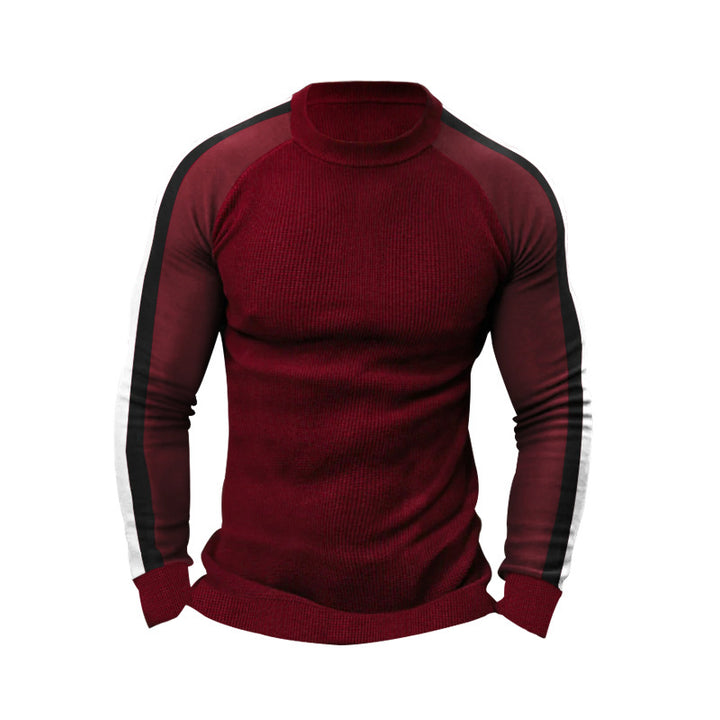 Herren sportlicher Strickpullover mit kontrastierenden Ärmeln und hohem Kragen Echoarchiv