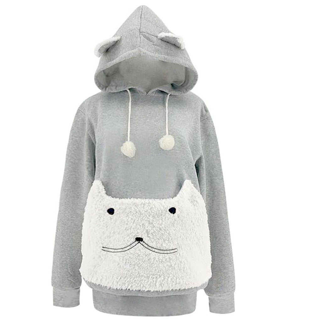 Damen Kuscheliger Kapuzenpullover mit Katzenmotiv und praktischer Känguru-Tasche Echoarchiv
