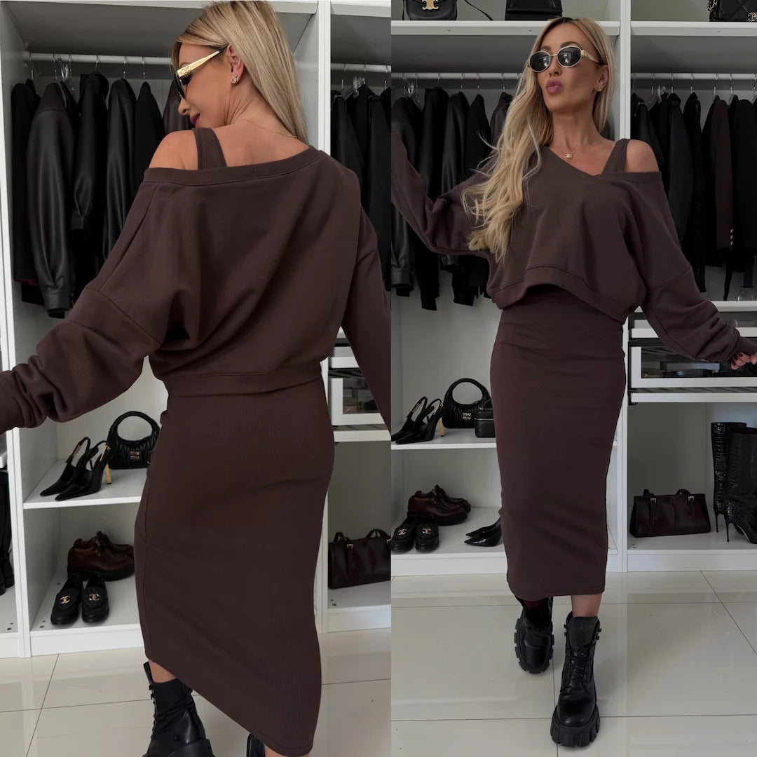 Damen nan zweiteiliges Midirock-Set mit off-shoulder Oversize-Sweatshirt und figurbetontem Bleistiftrock Echo Archiv