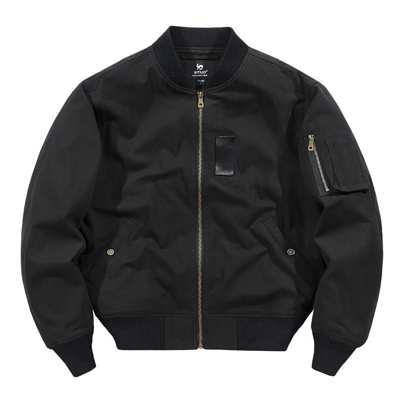 Men's rugged cotton-twill flight bomber jacket with utility sleeve pocket and reinforced ribbed trims – Brevano