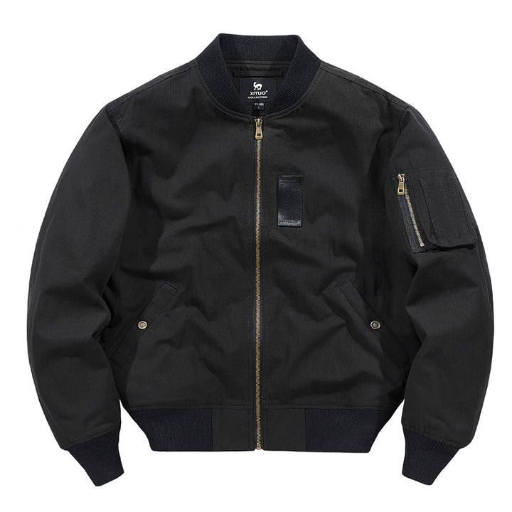 Men's rugged cotton-twill flight bomber jacket with utility sleeve pocket and reinforced ribbed trims – Brevano
