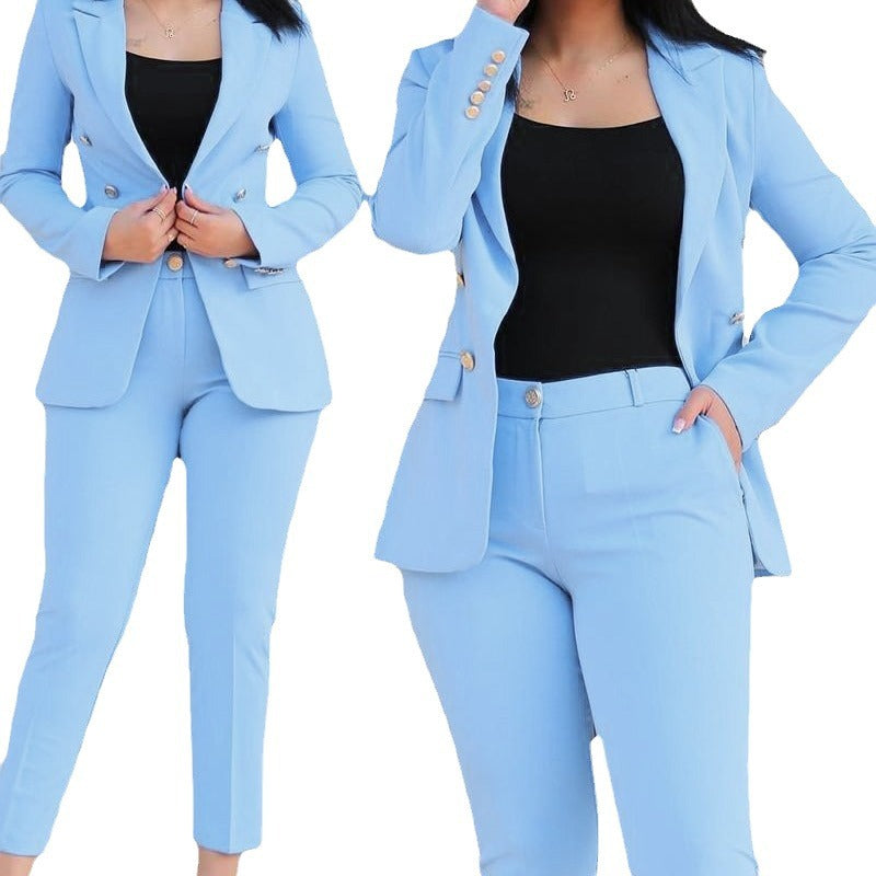 Damen nan tailliertes Business-Hosenanzug-Set mit doppelreihigem Reversblazer und schmal zulaufender Bundhose Echo Archiv