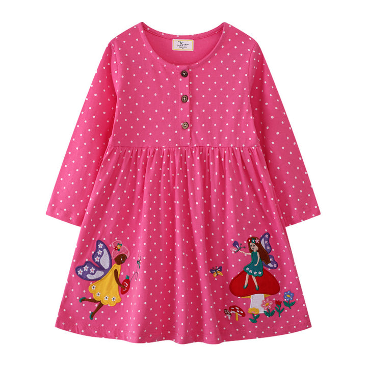 Mädchen Polka-Dots Baumwollkleid mit bezaubernden Feen-Motiven Echo Archiv