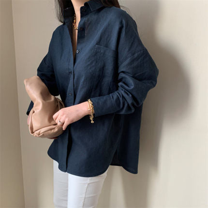 Damen Leinenmix-Hemd im Relaxed-Boxy-Schnitt mit Kentkragen und Brusttasche – Maréline