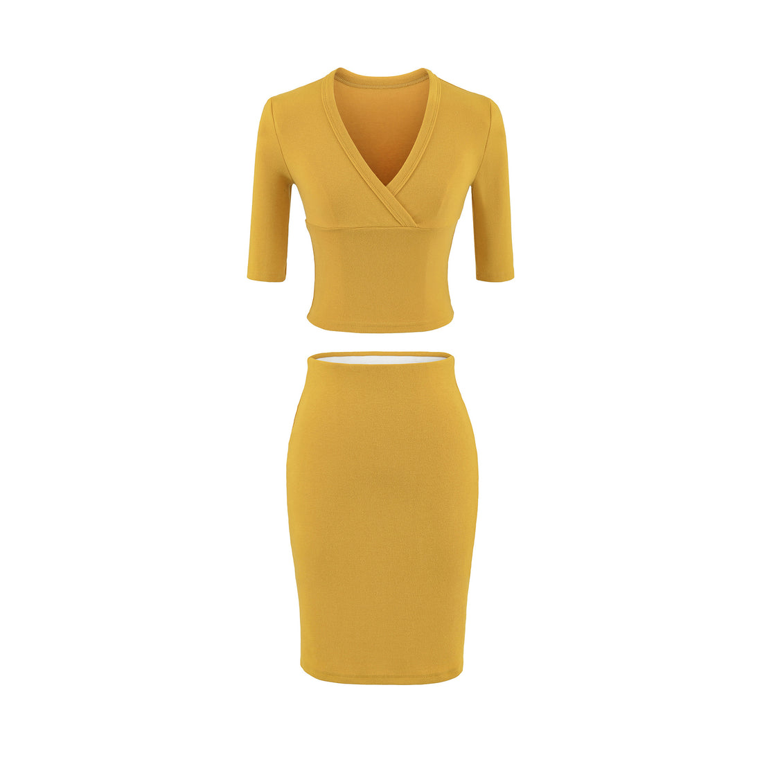 Damen Zweiteiliges figurbetontes Wickel-Top mit Dreiviertelärmeln und Highwaist-Bleistiftrock Echoarchiv