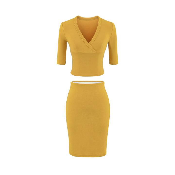 Damen Zweiteiliges figurbetontes Wickel-Top mit Dreiviertelärmeln und Highwaist-Bleistiftrock Echoarchiv