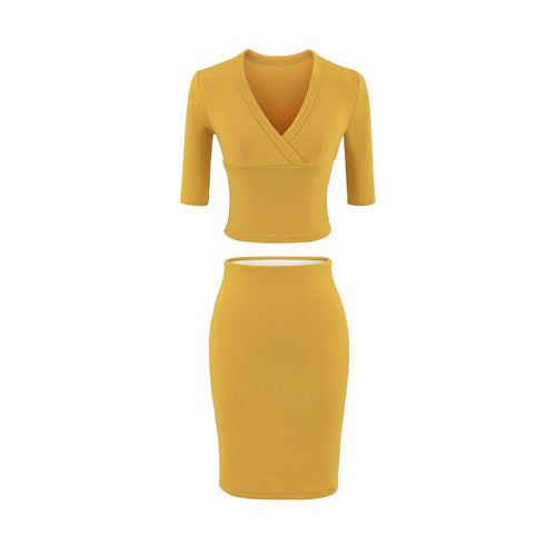Damen Zweiteiliges figurbetontes Wickel-Top mit Dreiviertelärmeln und Highwaist-Bleistiftrock Echoarchiv