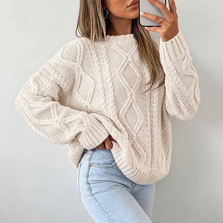 Damen Oversize Flechtstrick-Pullover mit Zopfmuster und Rundhals – Mavelle