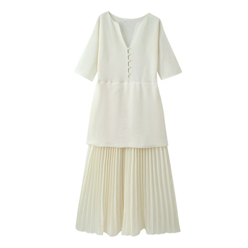 Damen plissiertes Midi-Kleid mit V-Ausschnitt Echo Archiv