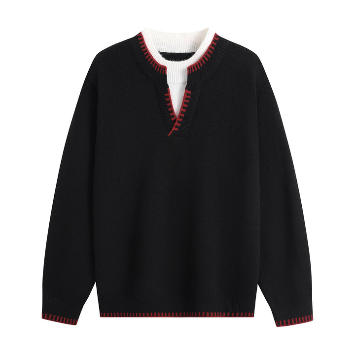 Unisex Oversize-Feinstrickpullover mit V-Notch & kontrastiertem Rippenkragen Echoarchiv