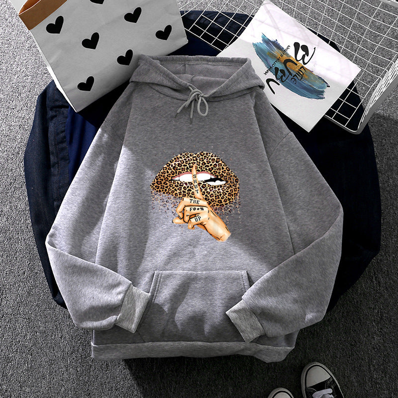 Damen oversized Fleece-Hoodie mit Leoparden-Lippen-Motiv, Kängurutasche und gerippten Bündchen – Auréline