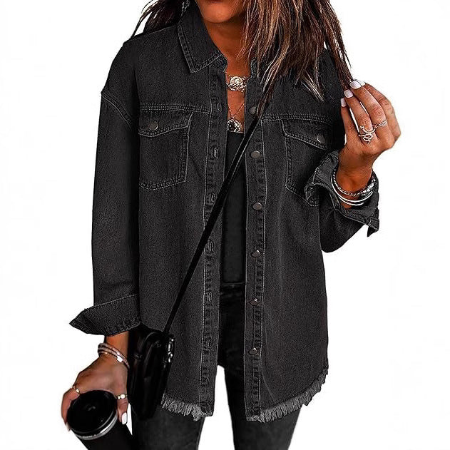 Damen Oversize Jeanshemdjacke mit Fransensaum Echoarchiv