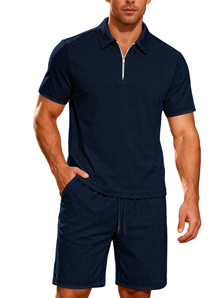 Herren nan komfortables Lounge-Zweiteiler aus strukturierter Baumwollmischung mit Halbzip-Poloshirt und Kordel-Shorts Echo Archiv