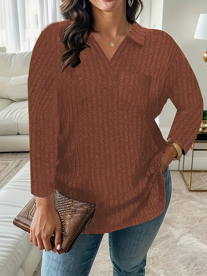 Damen Gerippter V-Ausschnitt Pullover mit Hemdkragen und lockerer Tunika-Silhouette Echoarchiv
