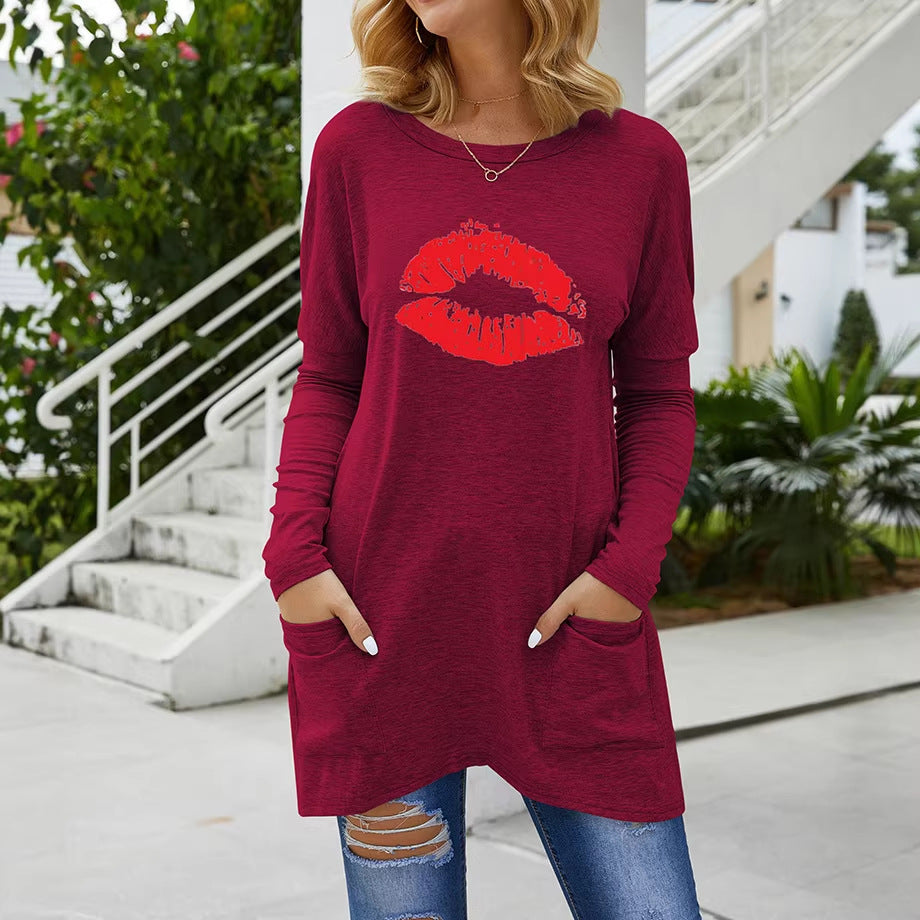 Damen Lange Oversize Tunika Bluse mit Rundhalsausschnitt, Kussdruck und Seitentaschen – Élovi