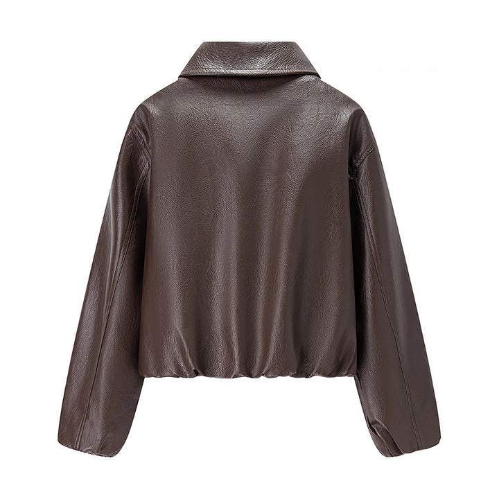 Damen cropped Glanz-Kunstlederjacke im Bomberstil mit Hemdkragen und elastischem Saum – Avenza
