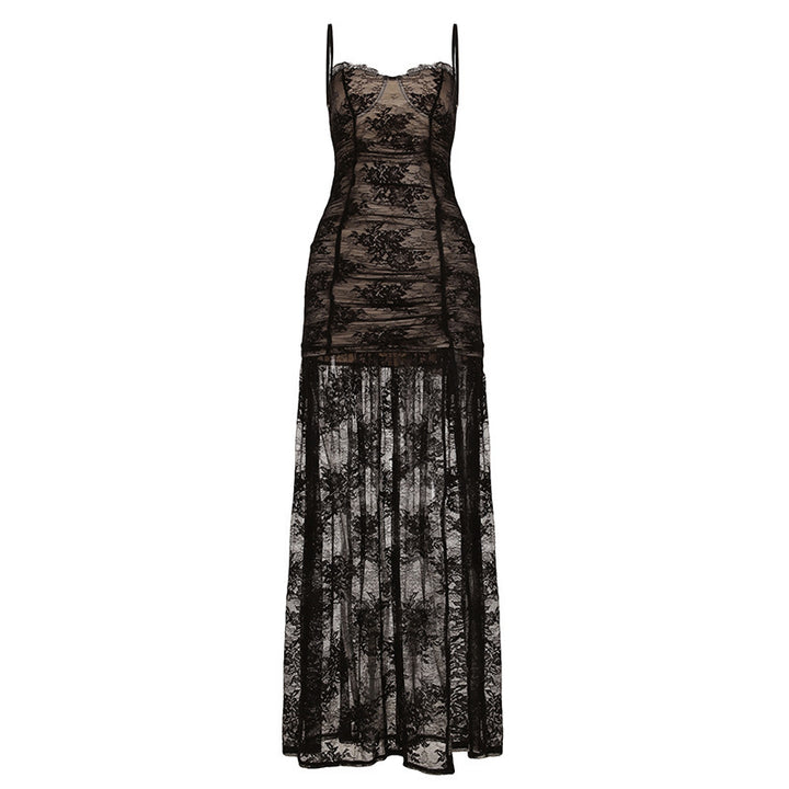 Damen Spitzen-Midi-Kleid mit transparentem Futter und raffinierten Trägern Echo Archiv